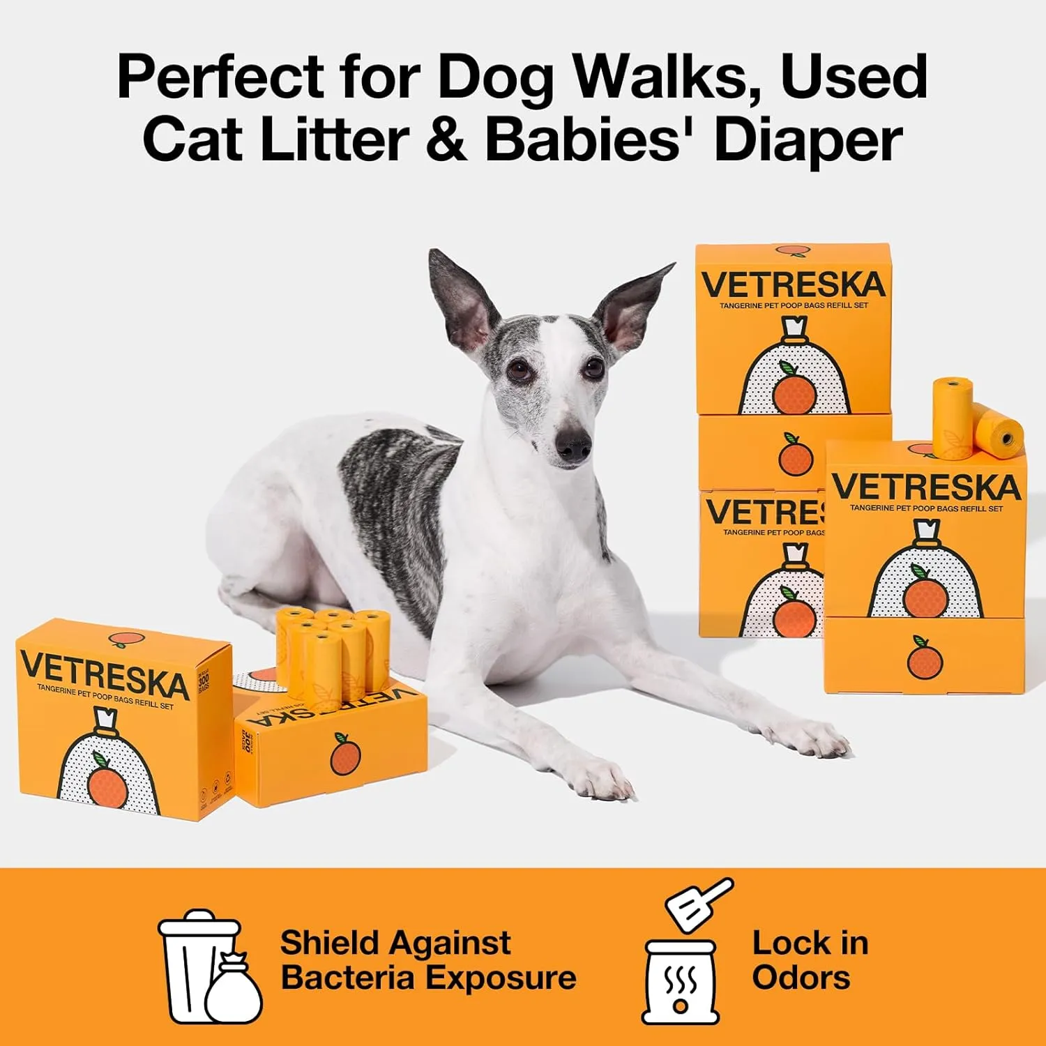 VETRESKA Citrus Scented Dog Poop Bags, Leak Proof, Extra Thick and Large Pet Waste Bags for Dogs Walking, Cat Litter and Babies' Diaper, 300 Count Bags (20 Refill Rolls), Orange