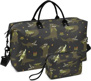 VIGTRO Travel Duffel Bag Weekender Overnight Bag with Toiletry Bag Cute Cartoon Crocodile Frog Printed, Carry On Luggage Bag for Hospital Gym Travel Business, 2 Pcs Set