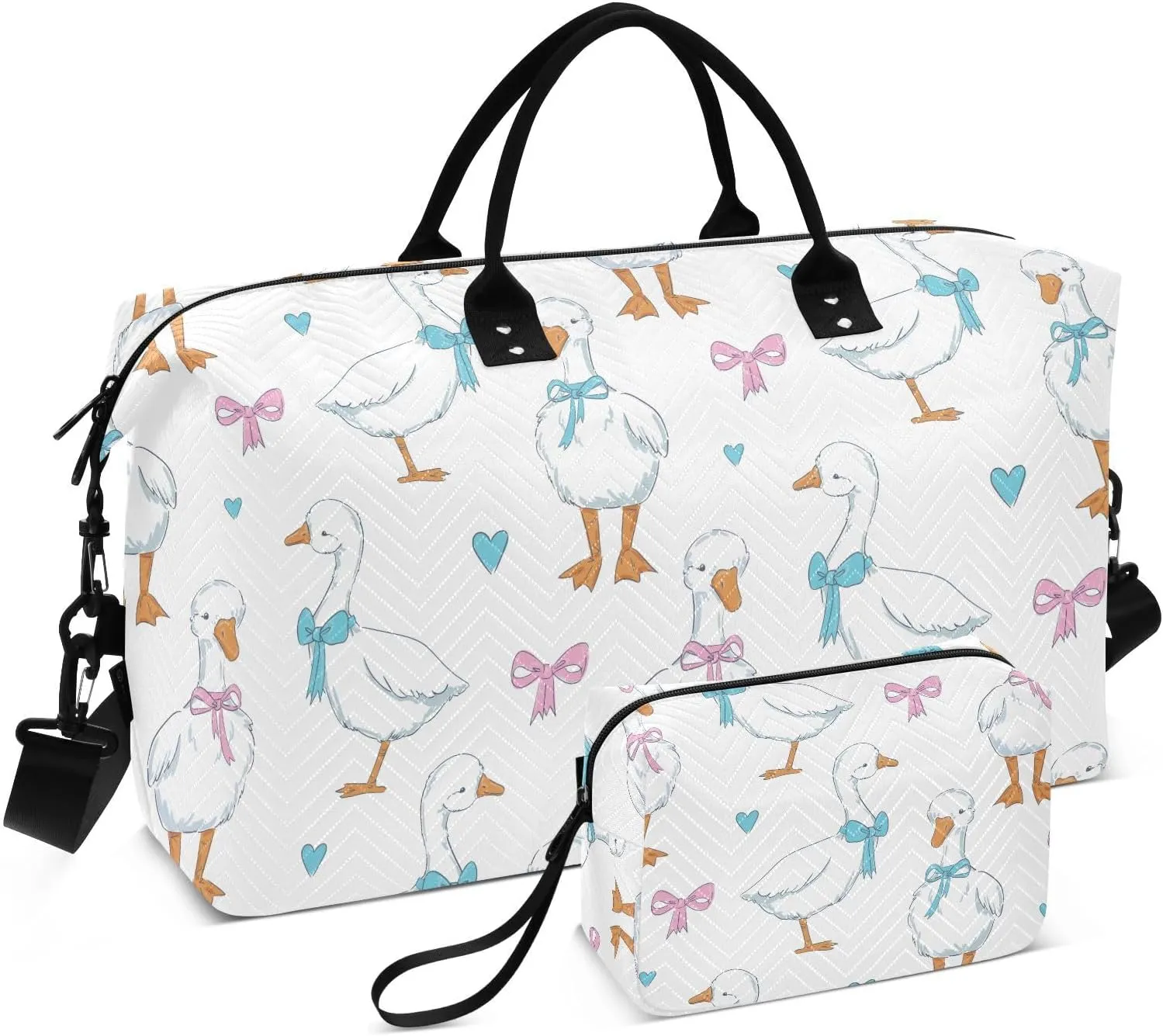 VIGTRO Travel Duffel Bag Weekender Overnight Bag with Toiletry Bag Cute Goose with Bow Tie Printed, Carry On Luggage Bag Hearts for Hospital Gym Travel Business, 2 Pcs Set