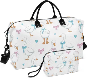 VIGTRO Travel Duffel Bag Weekender Overnight Bag with Toiletry Bag Cute Goose with Bow Tie Printed, Carry On Luggage Bag Hearts for Hospital Gym Travel Business, 2 Pcs Set