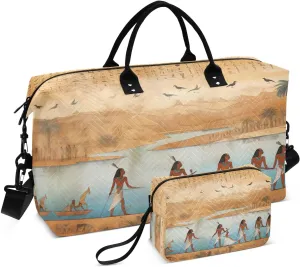 Vintage Egyptian Characters Sports Gym Bag for Women Men Travel Duffel Bag Weekend Overnight Carry on Bag with Toiletry Bag Yoga Bag for Hospital Plane Swimming Yoga Workout