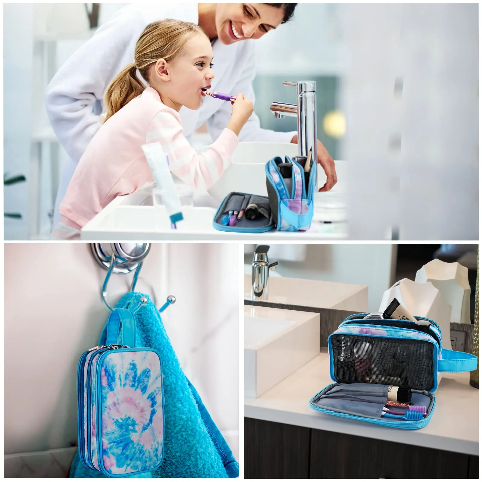 Vipdeal Kids Toiletry Bag for Girls, Travel Toiletry Bag for Teen Girls Cosmetic Bag Makeup Bag Waterproof Hanging Wash Bag Toiletries, Tie Dye Blue