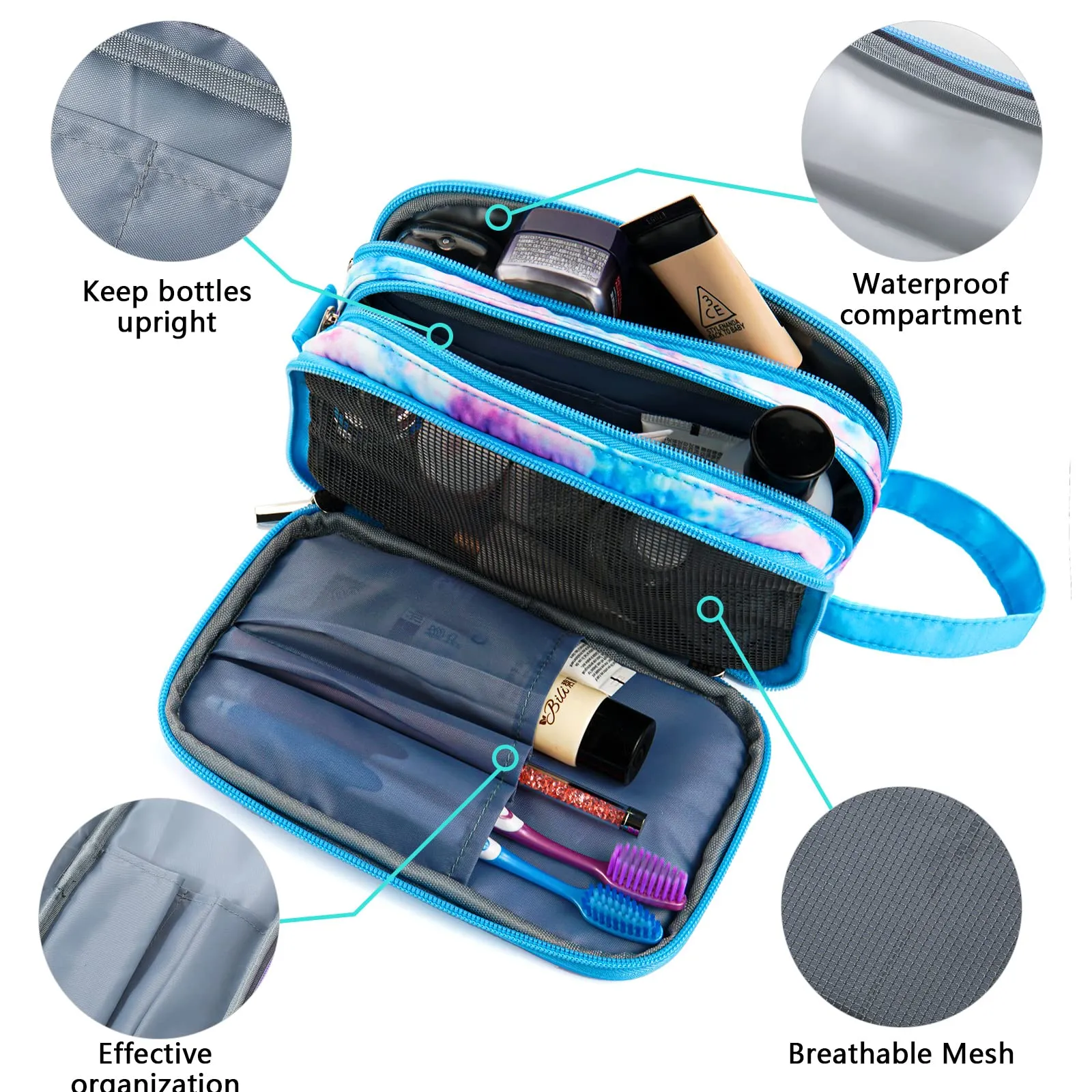 Vipdeal Kids Toiletry Bag for Girls, Travel Toiletry Bag for Teen Girls Cosmetic Bag Makeup Bag Waterproof Hanging Wash Bag Toiletries, Tie Dye Blue