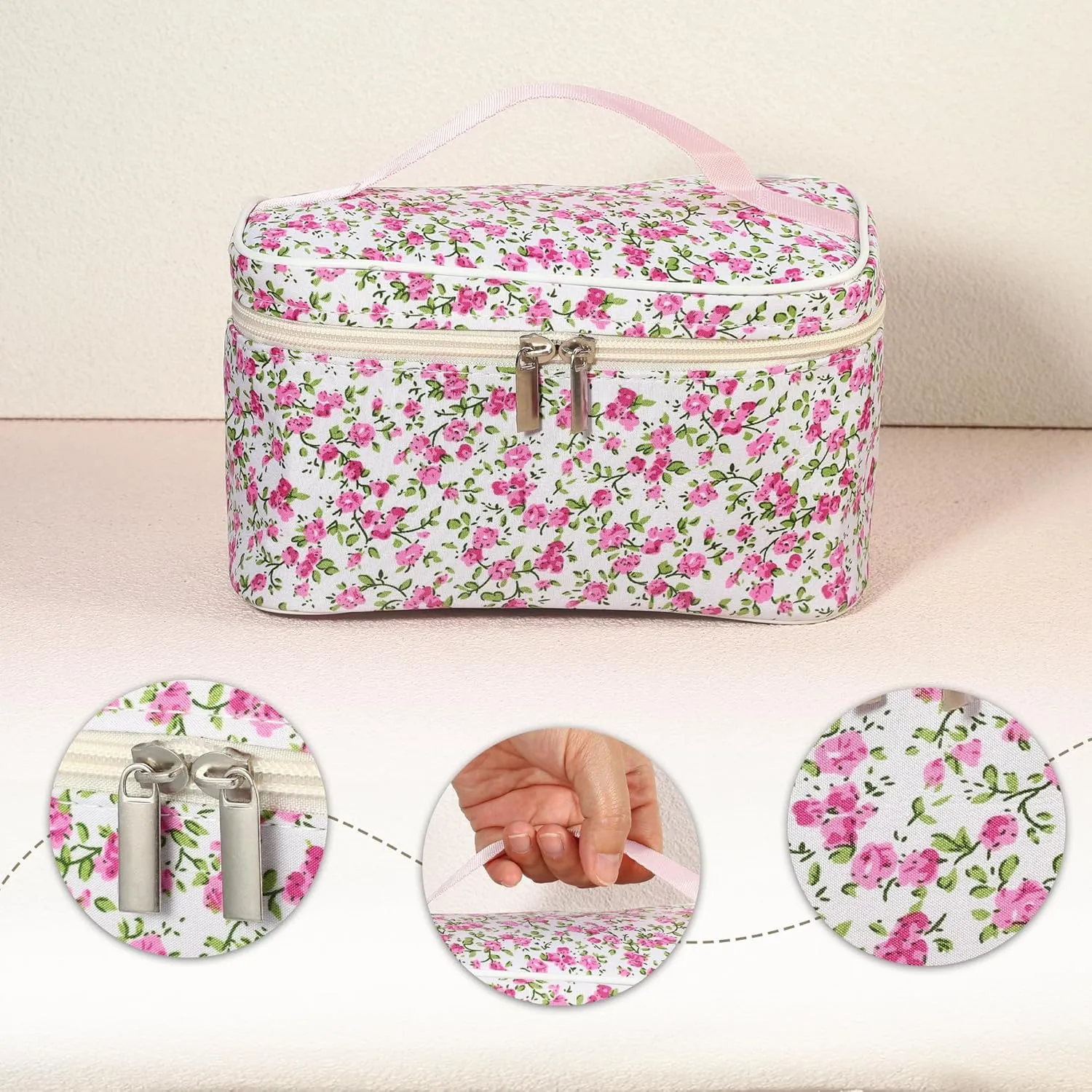VOCOSTE Quilted Makeup Bag, Rose Red Floral Makeup Bag, Cute Makeup Bag, Cosmetic Bags for Women Girls