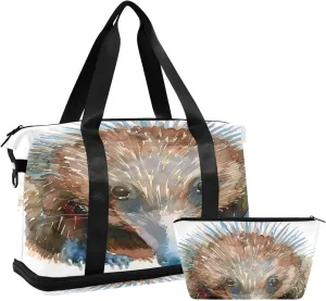 Watercolor Echidna Face Travel Duffel Bag Waterproof Gym Sport Tote Bag Carry On Weekender Bag with Compartment