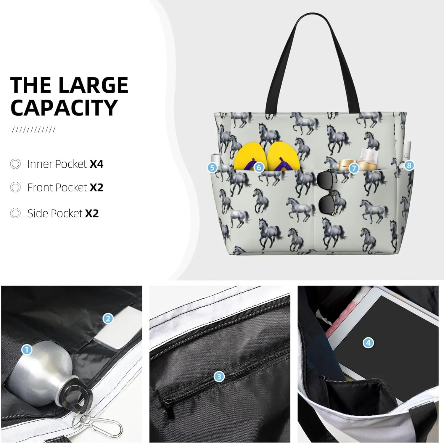 Waterproof Beach Bags for Women, Machine Washable Travel Tote Bag with Zipper Cruise Swim Vacation