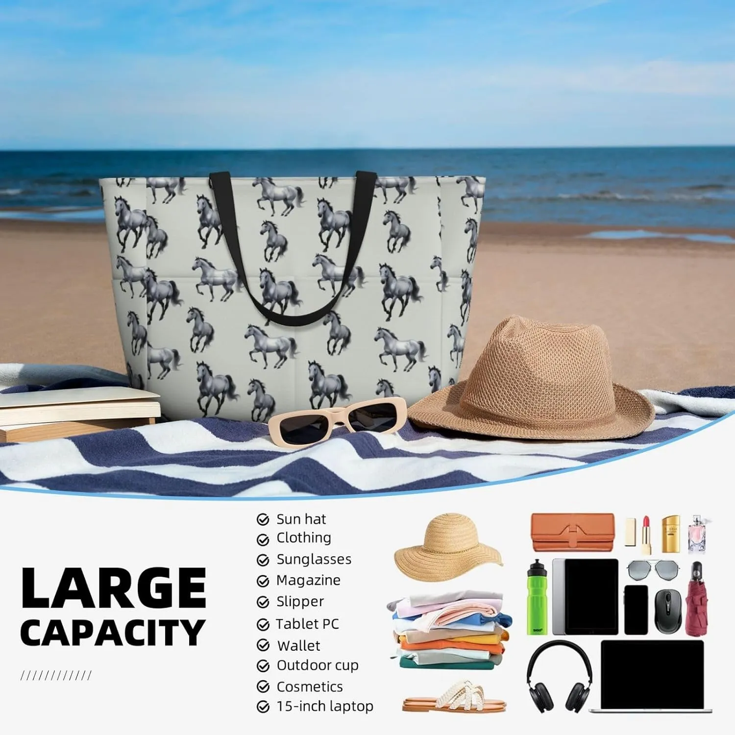 Waterproof Beach Bags for Women, Machine Washable Travel Tote Bag with Zipper Cruise Swim Vacation