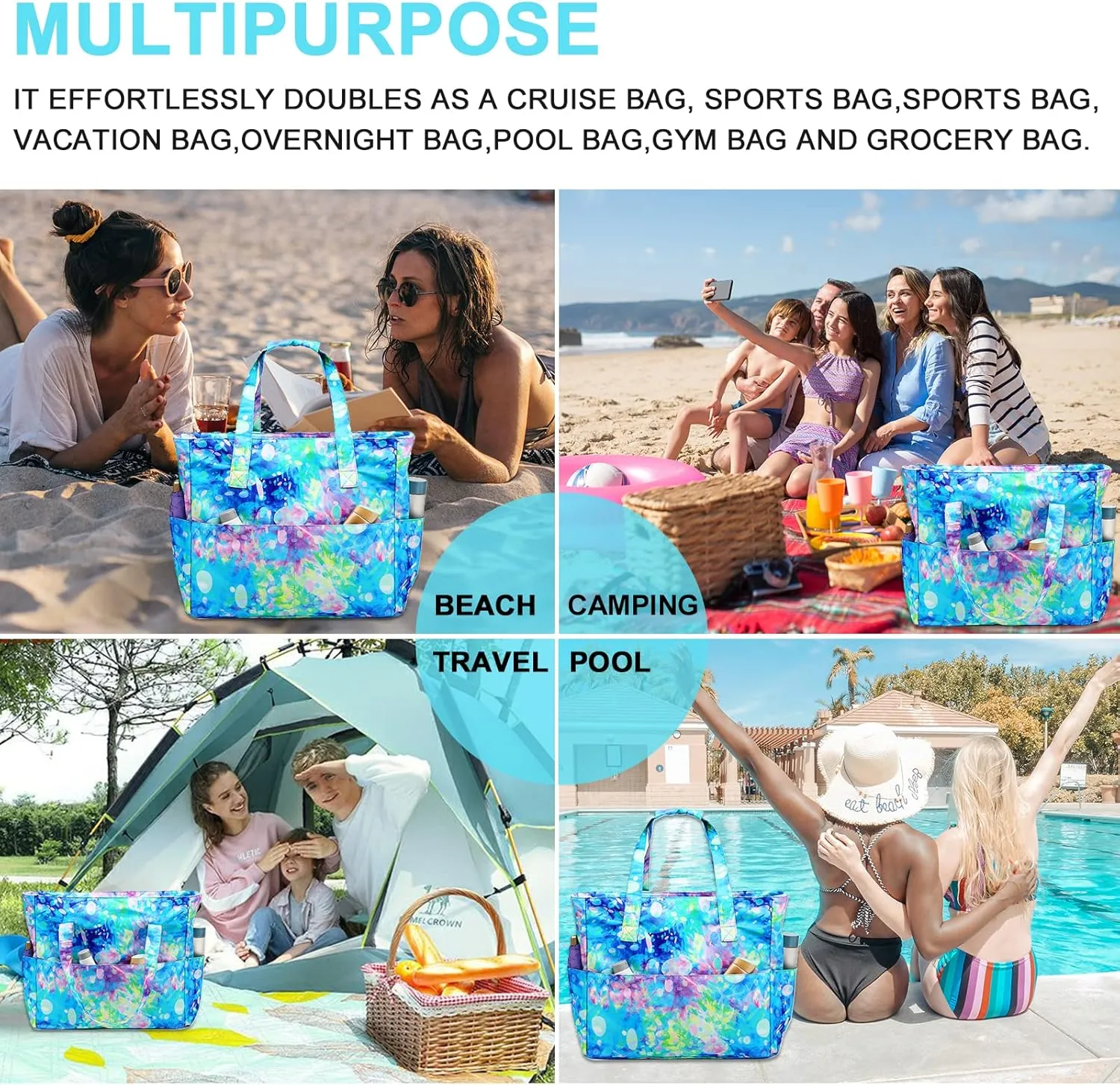 Waterproof Beach Tote Pool Bags for Women Ladies Extra Large Gym Tote Carry On Bag With Wet Compartment for Weekender Travel