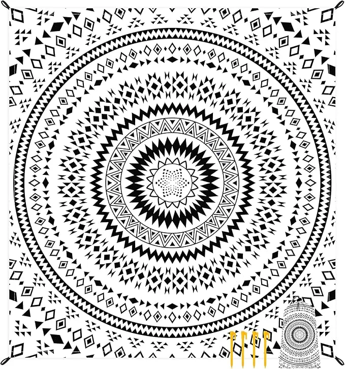 Waterproof Sandproof Beach Blanket, 78"" x 86"" Large Beach Mat for 2-4 Adults, Lightweight Compact Polyester Picnic Blanket for Outdoor, Travel, Camping, Hiking, Beach Essentials, Black Mandala