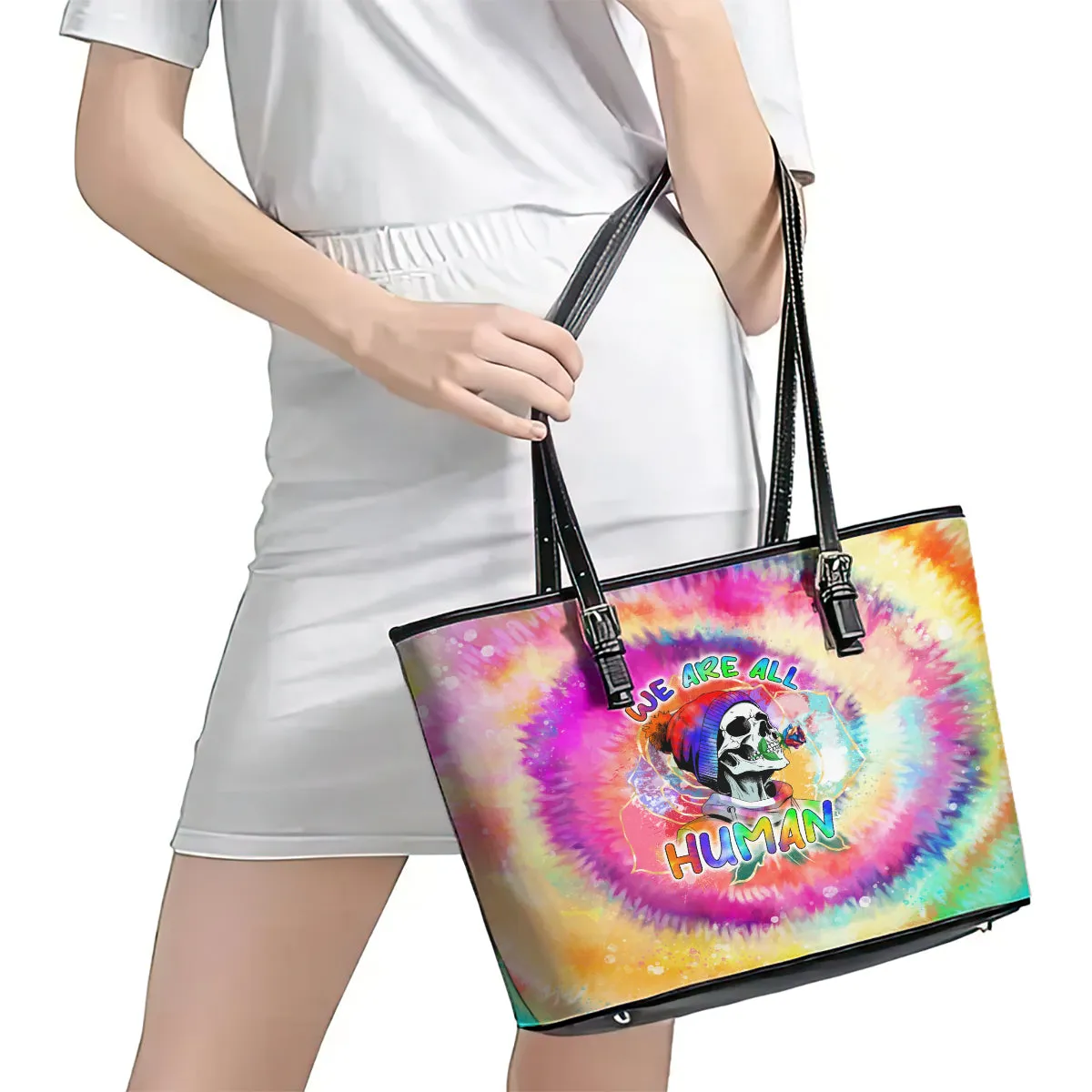 We Are All Human LGBT Leather Tote Bag Skull Tie Dye DT02