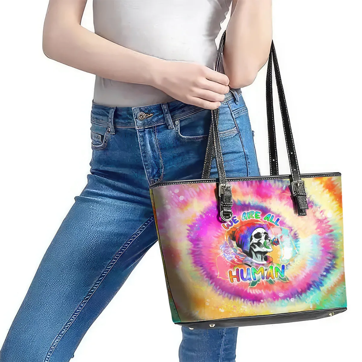 We Are All Human LGBT Leather Tote Bag Skull Tie Dye DT02