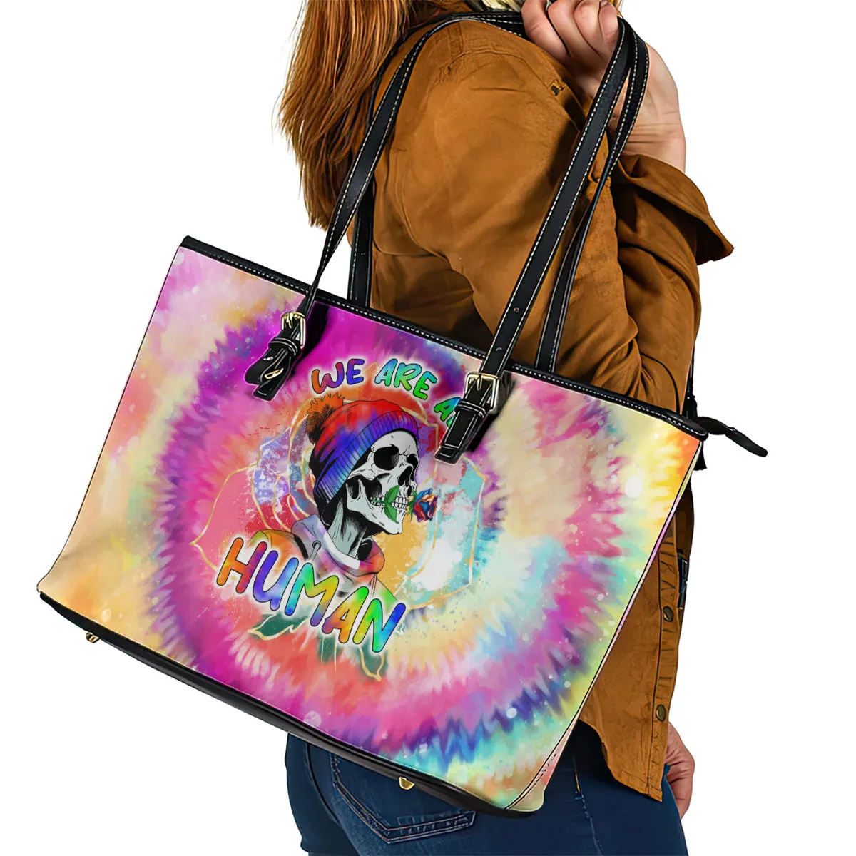 We Are All Human LGBT Leather Tote Bag Skull Tie Dye DT02
