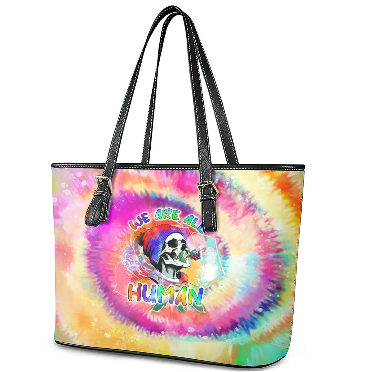 We Are All Human LGBT Leather Tote Bag Skull Tie Dye DT02