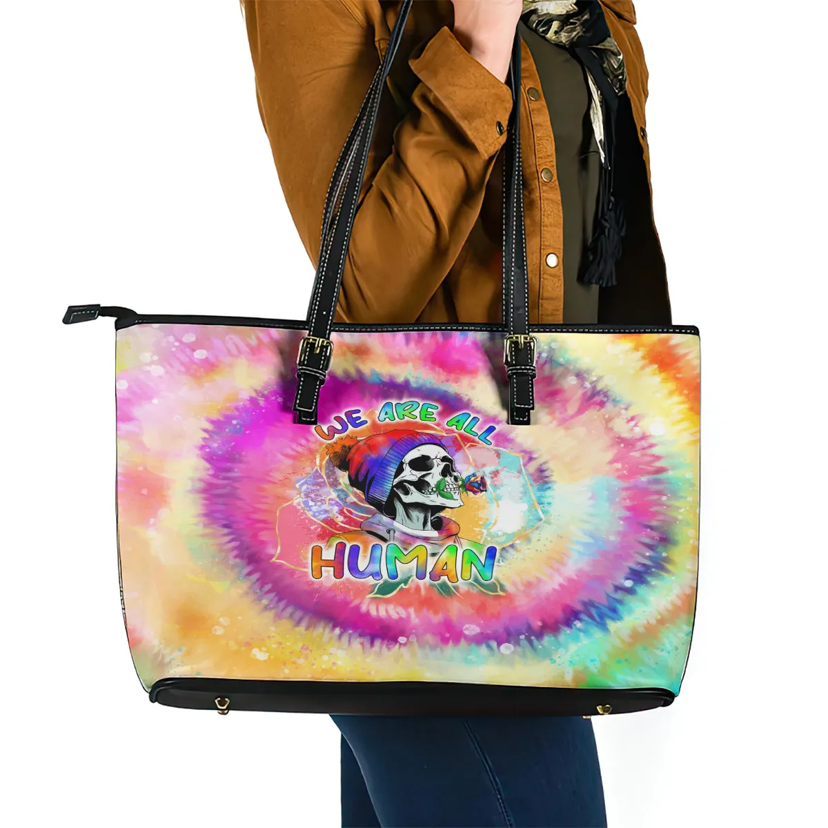 We Are All Human LGBT Leather Tote Bag Skull Tie Dye DT02