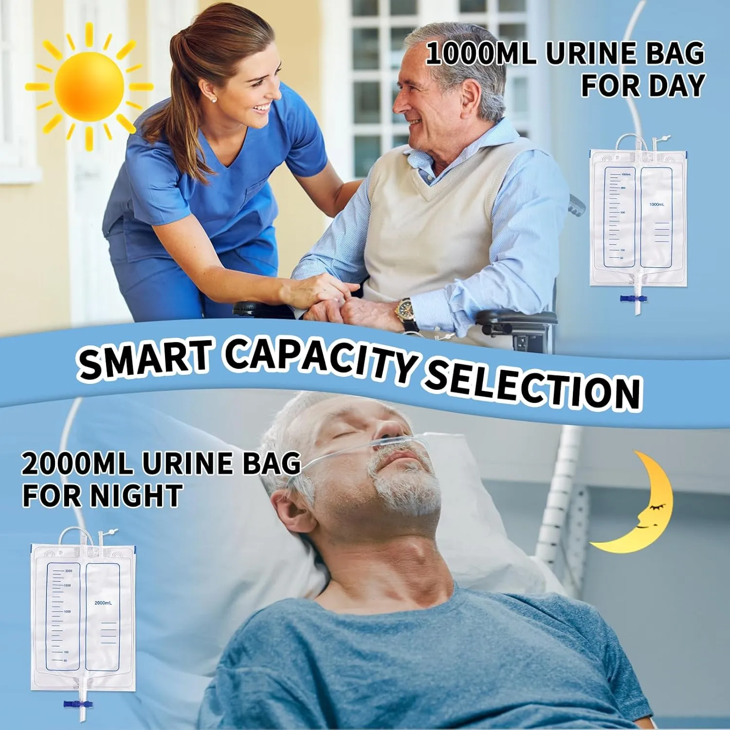 Wearable Urinal Bag with Reusable Silicone Catheter (2000ml & 1000ml), Portable External Urine Collector Comfortable & Discreet, Elderly Men White
