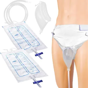 Wearable Urinal Bag with Reusable Silicone Catheter (2000ml & 1000ml), Portable External Urine Collector Comfortable & Discreet, Elderly Men White