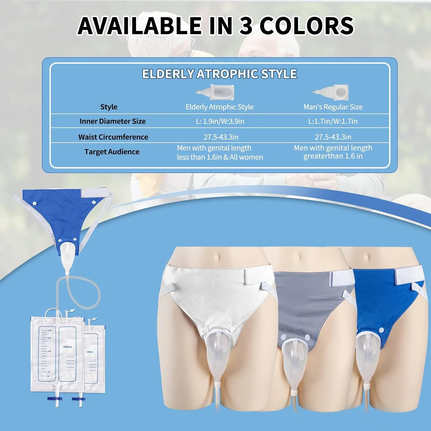 Wearable Urinal Bag with Reusable Silicone Catheter (2000ml & 1000ml), Portable External Urine Collector Comfortable & Discreet, Elderly Men White