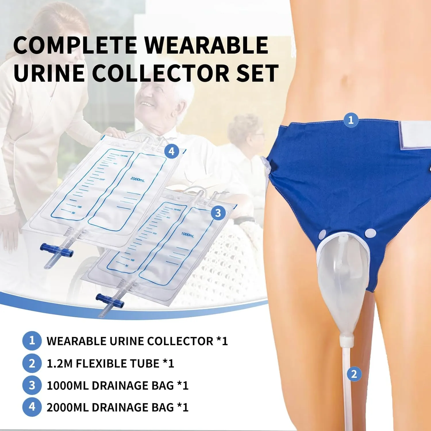 Wearable Urinal Bag with Reusable Silicone Catheter (2000ml & 1000ml), Portable External Urine Collector Comfortable & Discreet, Elderly Men White