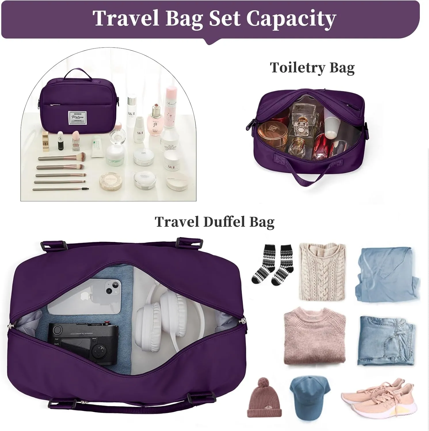Weekender Bags for Women,Personal Item Travel Bag with Shoes Compartment,Overnight Travel Duffel Bag with Quilted Toiletry Bag
