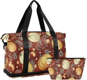 Weekender Overnight Bags for Women Autumn Pumpkins Travel Duffel Bag with Shoe Compartments Fall Vintage Gym Duffel Bag with Toiletry Bag for Travel Sport Yoga 17 Inch