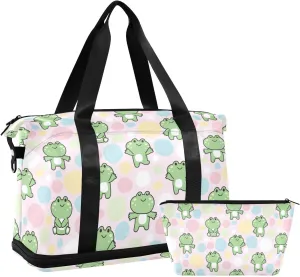 Weekender Overnight Bags for Women Cute Frog in Various Poses Travel Duffel Bag with Shoe Compartments Colorful Circle Gym Duffel Bag with Toiletry Bag for Travel Sport Yoga 17 Inch