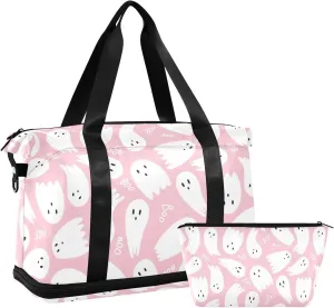 Weekender Overnight Bags for Women Cute Halloween Ghost Travel Duffel Bag with Shoe Compartments Boo Pink Gym Duffel Bag with Toiletry Bag for Travel Sport Yoga 17 Inch