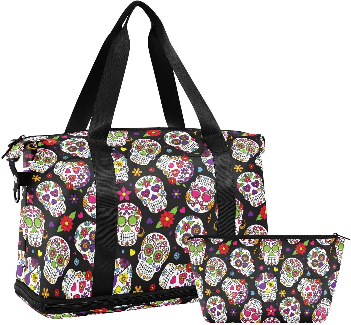 Weekender Overnight Bags for Women Sugar Skull Travel Duffel Bag with Shoe Compartments Day Of The Dead Gym Duffel Bag with Toiletry Bag for Travel Sport Yoga 17 Inch