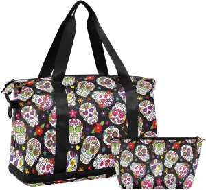 Weekender Overnight Bags for Women Sugar Skull Travel Duffel Bag with Shoe Compartments Day Of The Dead Gym Duffel Bag with Toiletry Bag for Travel Sport Yoga 17 Inch