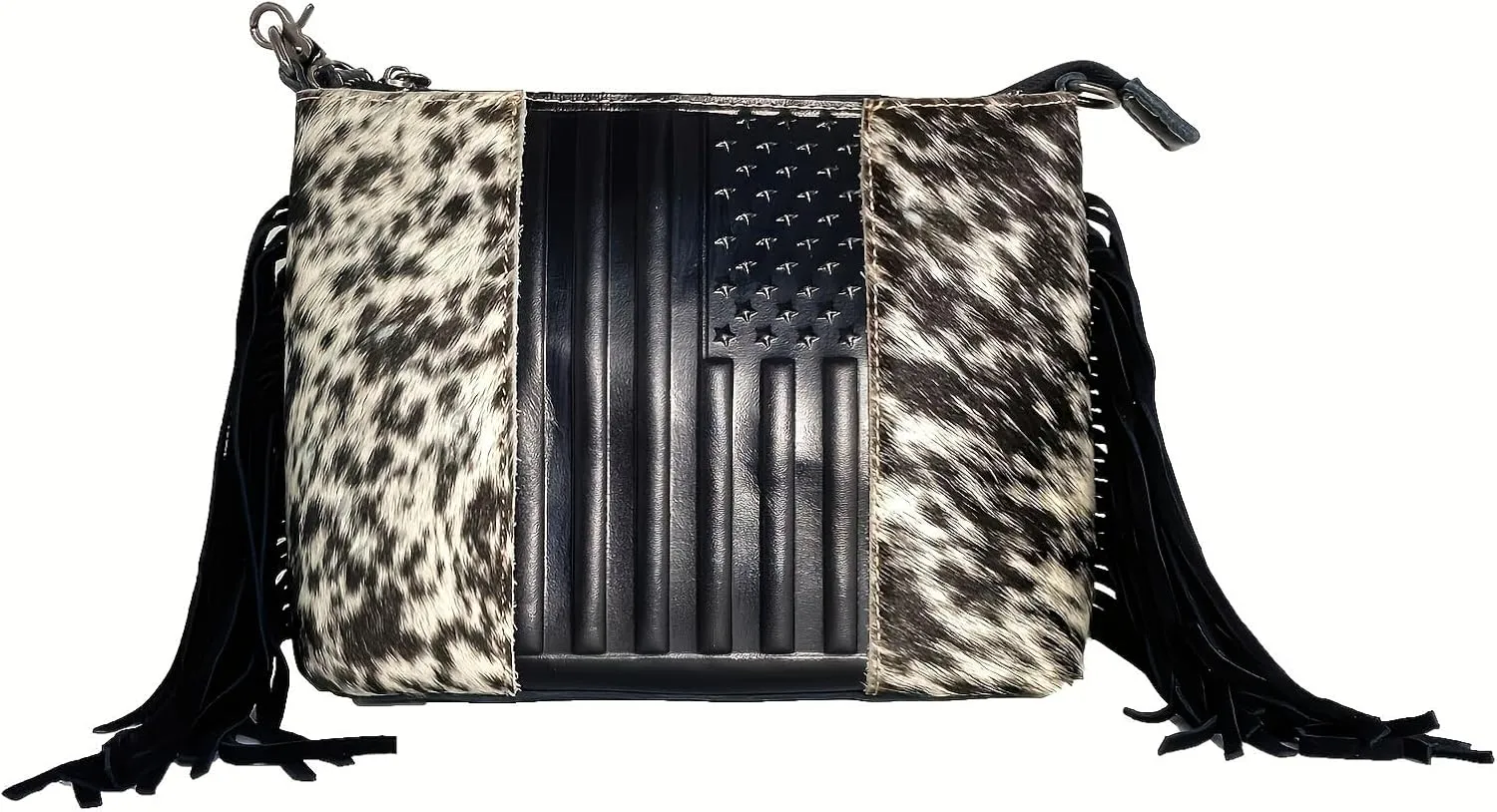 Western American Flag Embossed Women Shoulder Bags Vintage Horsehair Tassels Handbag Cowhide Leather Purse