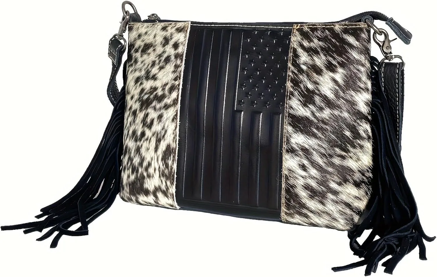 Western American Flag Embossed Women Shoulder Bags Vintage Horsehair Tassels Handbag Cowhide Leather Purse