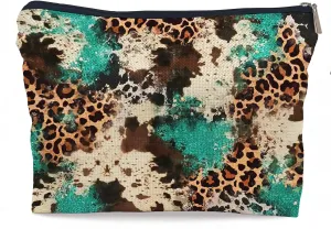 Western Cowhide Leopard Turquoise Glitter Pattern Fashion Makeup Bag Make up Cosmetic Bag Small Zipper Pouch,Gifts for Girls Women