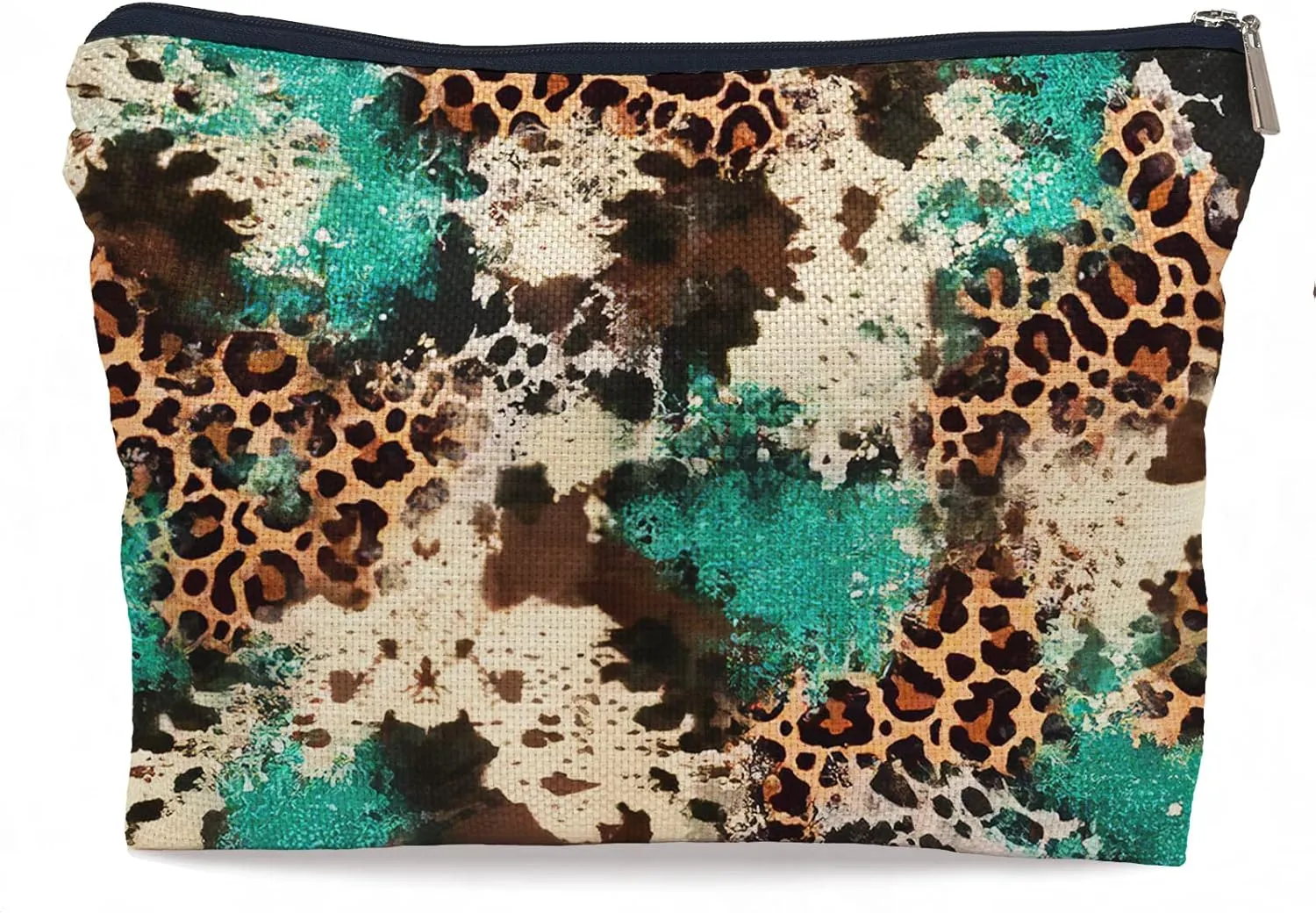 Western Cowhide Leopard Turquoise Glitter Pattern Fashion Makeup Bag Make up Cosmetic Bag Small Zipper Pouch,Gifts for Girls Women
