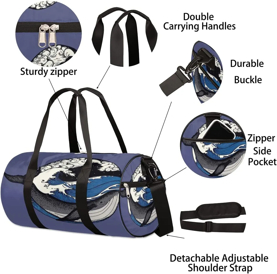 Whale Japanese Art Gym Bag Small Gym Duffel Bags for Men Women Overnight Weekender Bag Lightweight Sport Duffle Bag Carry On Gymbag