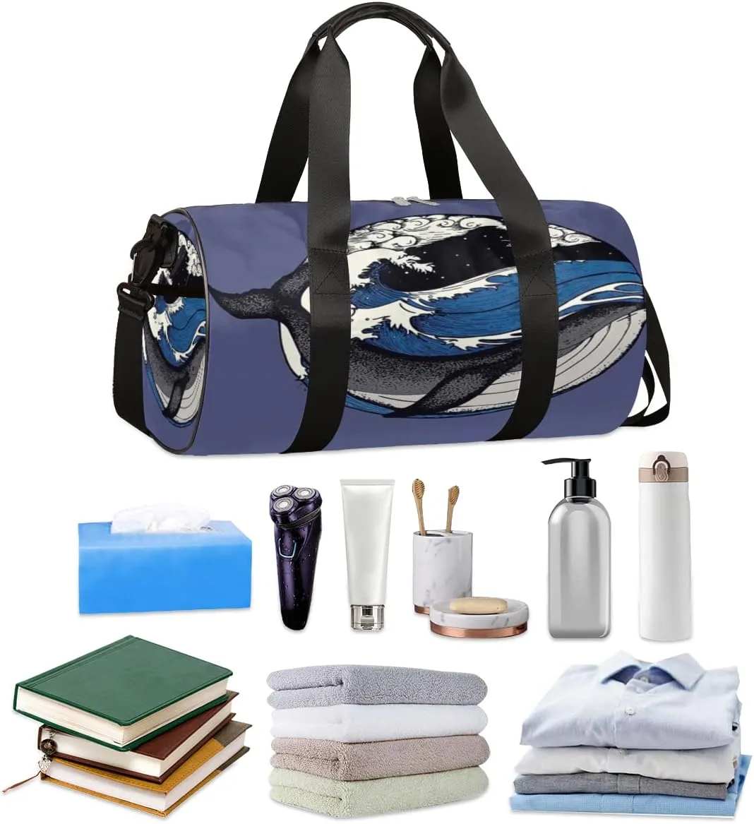 Whale Japanese Art Gym Bag Small Gym Duffel Bags for Men Women Overnight Weekender Bag Lightweight Sport Duffle Bag Carry On Gymbag