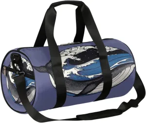 Whale Japanese Art Gym Bag Small Gym Duffel Bags for Men Women Overnight Weekender Bag Lightweight Sport Duffle Bag Carry On Gymbag