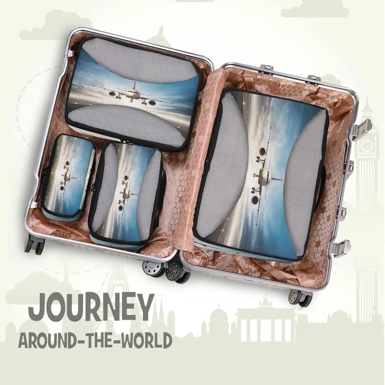 White Aircraft Take Off Runway in Daylight Sunrise 4 PCs Set Packing Bags, Luggage Organizer Bag, Portable Cube Toiletry bag, Durable Travel Cosmetic Storage Bag for Men Women