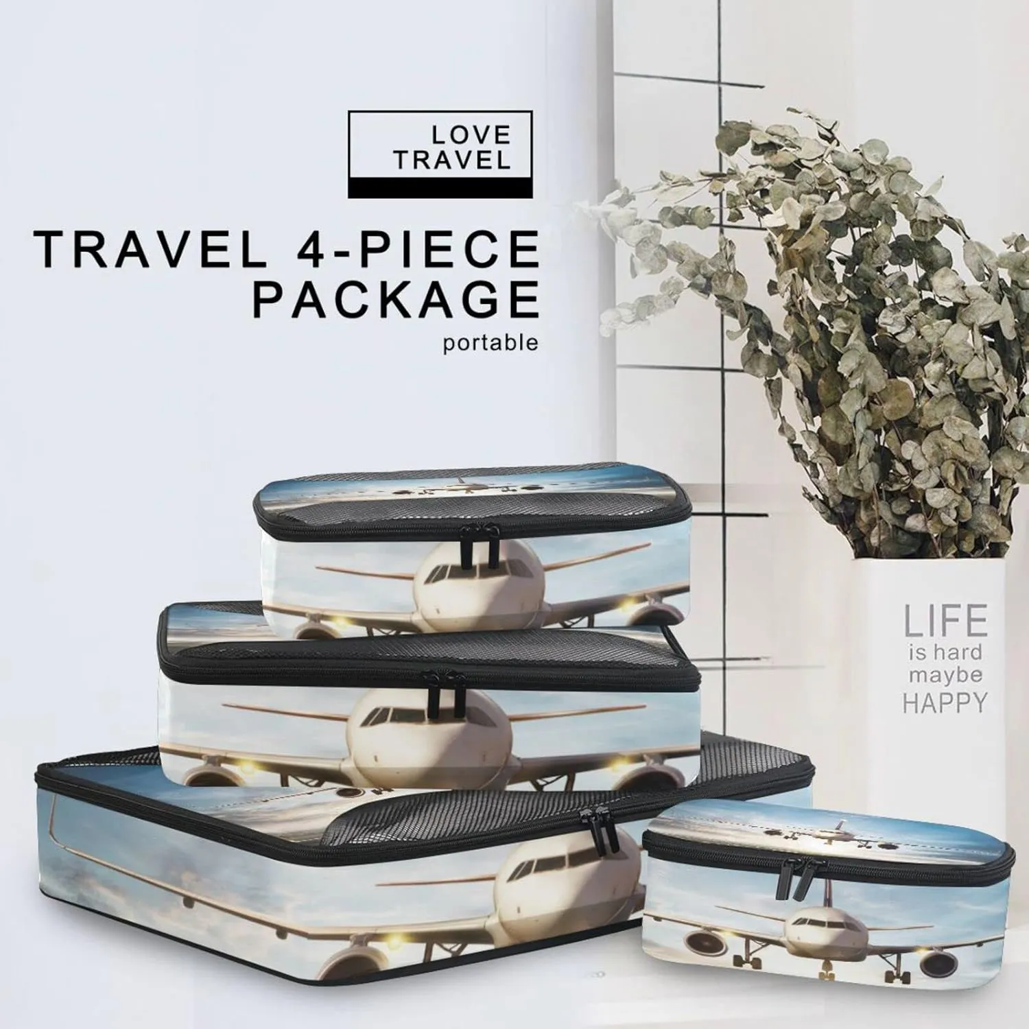 White Aircraft Take Off Runway in Daylight Sunrise 4 PCs Set Packing Bags, Luggage Organizer Bag, Portable Cube Toiletry bag, Durable Travel Cosmetic Storage Bag for Men Women