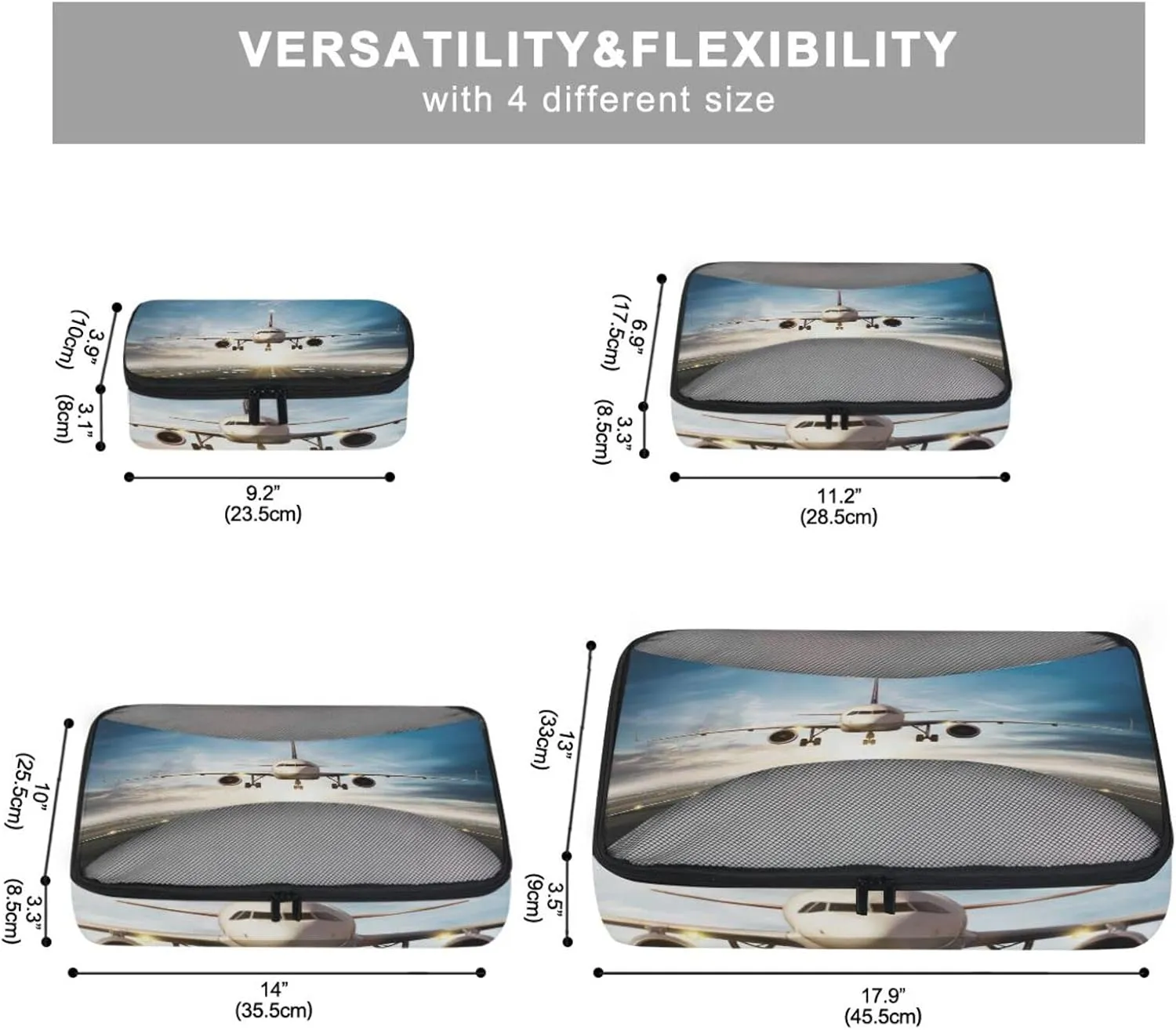 White Aircraft Take Off Runway in Daylight Sunrise 4 PCs Set Packing Bags, Luggage Organizer Bag, Portable Cube Toiletry bag, Durable Travel Cosmetic Storage Bag for Men Women