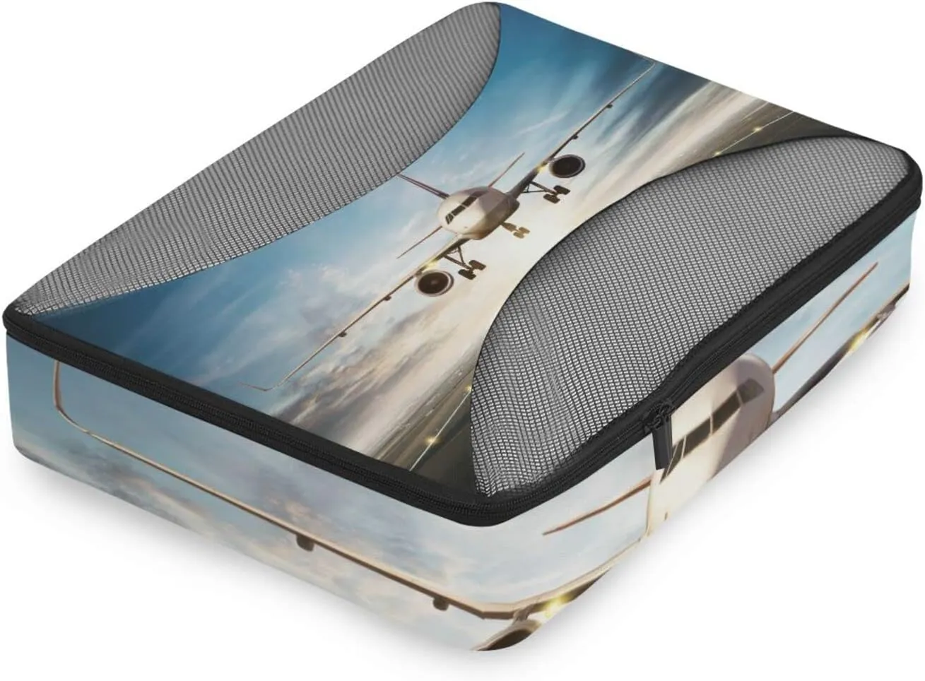 White Aircraft Take Off Runway in Daylight Sunrise 4 PCs Set Packing Bags, Luggage Organizer Bag, Portable Cube Toiletry bag, Durable Travel Cosmetic Storage Bag for Men Women
