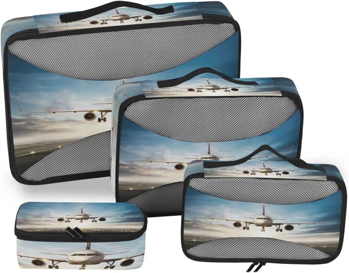 White Aircraft Take Off Runway in Daylight Sunrise 4 PCs Set Packing Bags, Luggage Organizer Bag, Portable Cube Toiletry bag, Durable Travel Cosmetic Storage Bag for Men Women