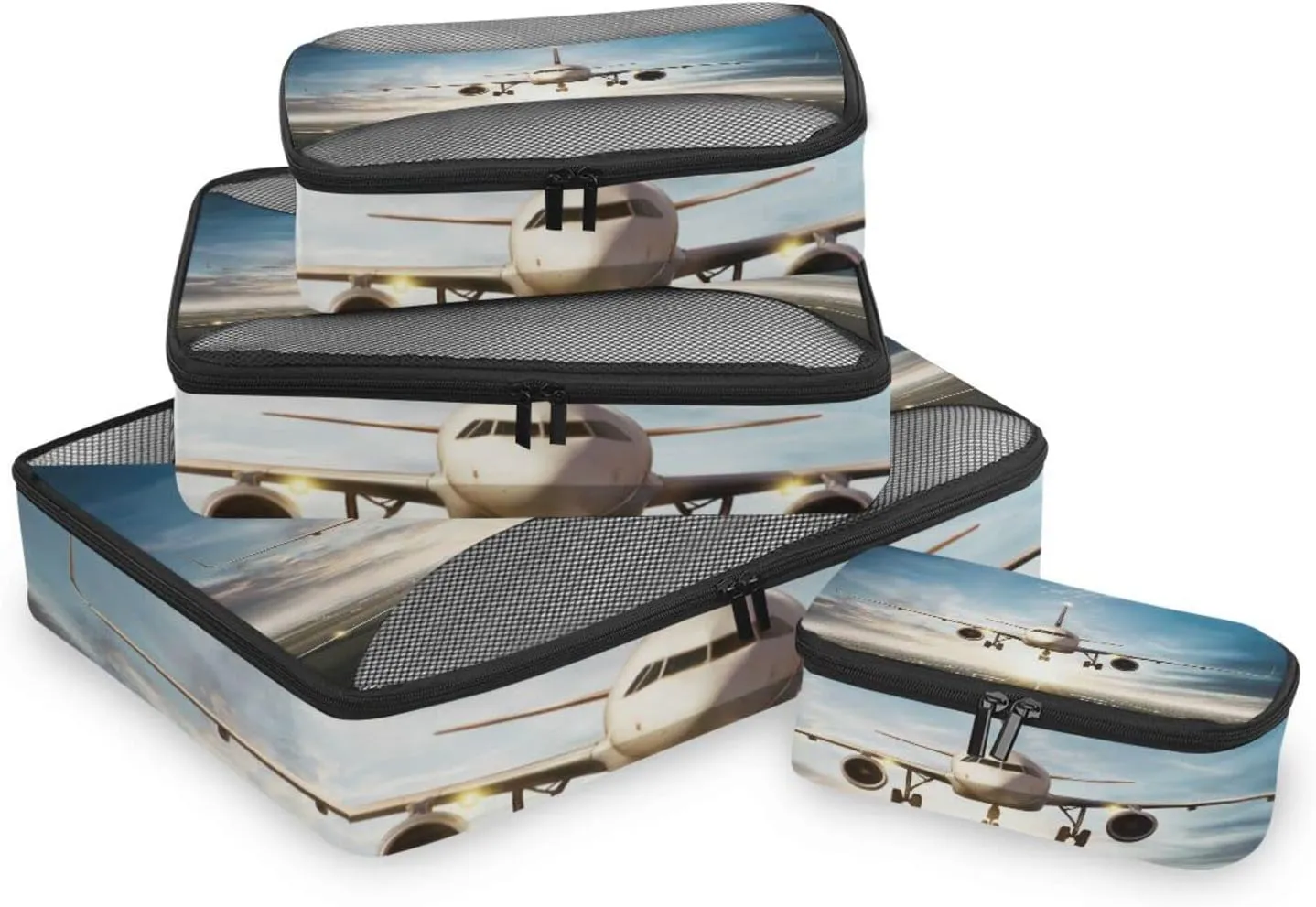 White Aircraft Take Off Runway in Daylight Sunrise 4 PCs Set Packing Bags, Luggage Organizer Bag, Portable Cube Toiletry bag, Durable Travel Cosmetic Storage Bag for Men Women