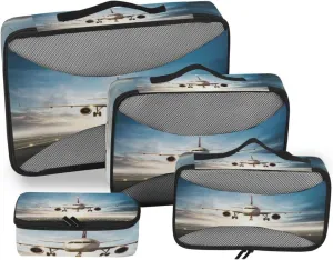 White Aircraft Take Off Runway in Daylight Sunrise 4 PCs Set Packing Bags, Luggage Organizer Bag, Portable Cube Toiletry bag, Durable Travel Cosmetic Storage Bag for Men Women