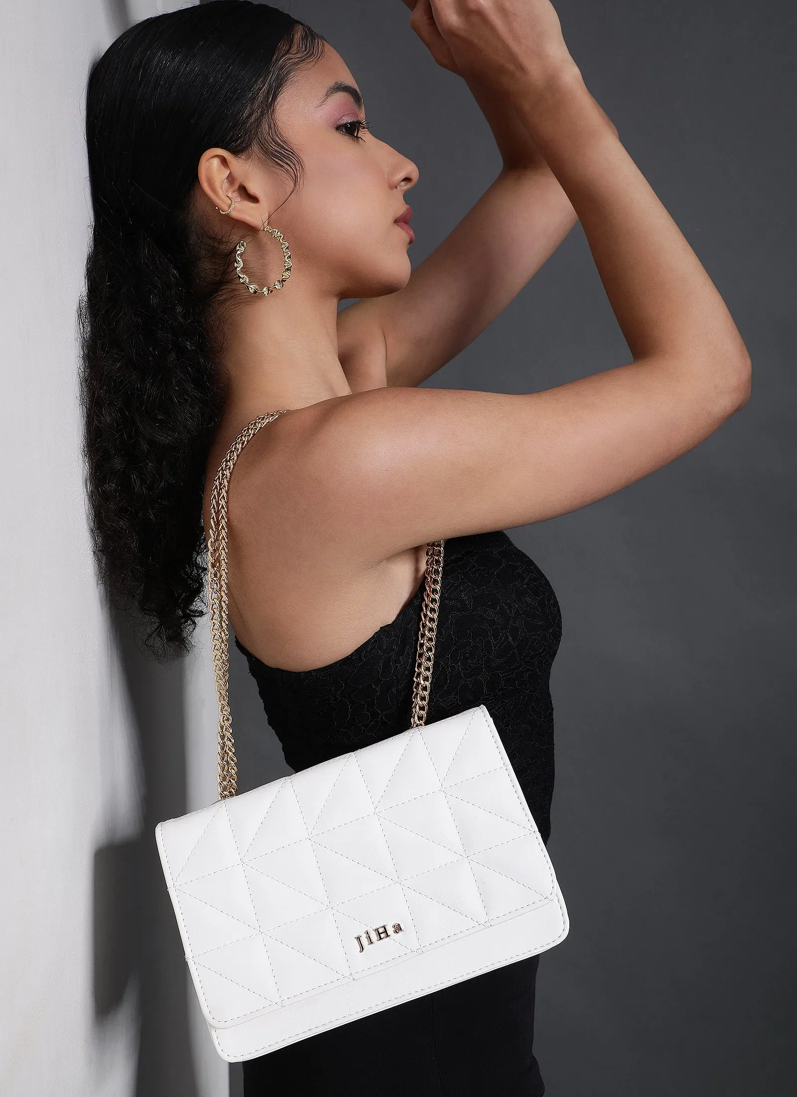 White Quilted Double Chain Shoulder and Sling Bag