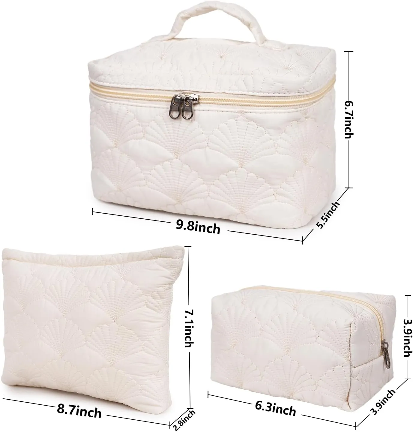 White Quilted Makeup Bag, Cute Make Up Bag Organizer whith Shell Pattern, Cotton Cosmetic Bag for Women & Girls, Canvas Lined Pouch, Coquette Organizer purse(White Shell set of 3)