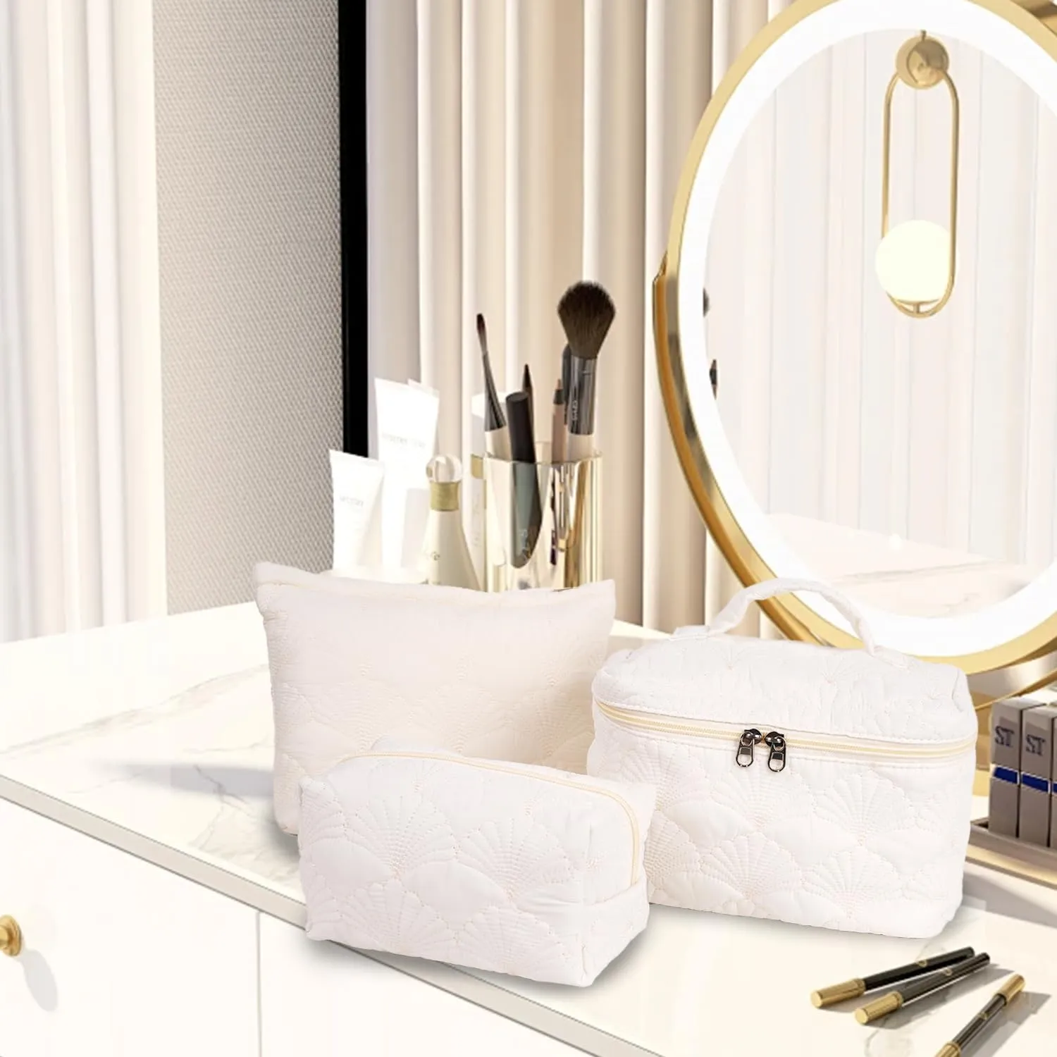 White Quilted Makeup Bag, Cute Make Up Bag Organizer whith Shell Pattern, Cotton Cosmetic Bag for Women & Girls, Canvas Lined Pouch, Coquette Organizer purse(White Shell set of 3)