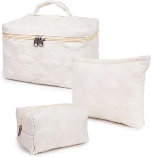 White Quilted Makeup Bag, Cute Make Up Bag Organizer whith Shell Pattern, Cotton Cosmetic Bag for Women & Girls, Canvas Lined Pouch, Coquette Organizer purse(White Shell set of 3)