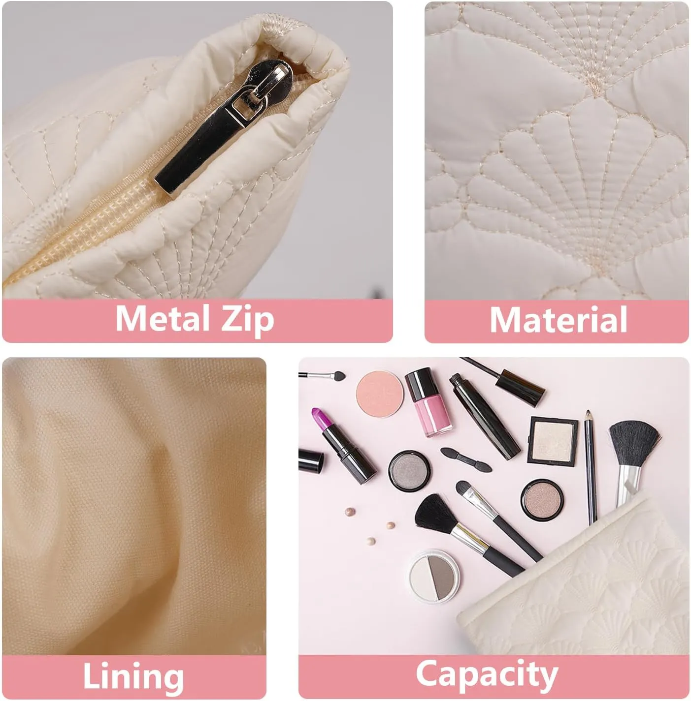 White Quilted Makeup Bag, Cute Make Up Bag Organizer whith Shell Pattern, Cotton Cosmetic Bag for Women & Girls, Canvas Lined Pouch, Coquette Organizer purse(White Shell set of 3)