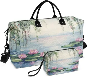 Willow Waterlily Painting Blue Sports Gym Bag for Women Men Travel Duffel Bag Weekend Overnight Carry on Bag with Toiletry Bag for Swimming Yoga Workout Hospital Plane