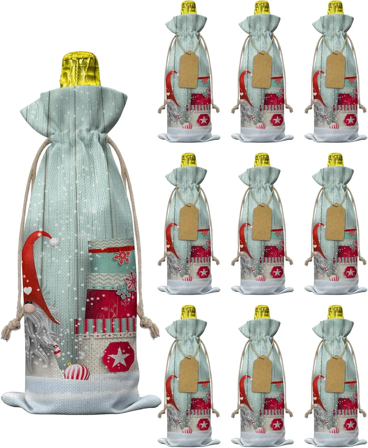 Wine Gift Bag Washable Wine Bags for Wine Bottles Gifts Christmas Winter Xmas Gnome with Holiday Gifts Retro Wooden Planks Wine Travel Bag Burlap Wine Bags with Drawstrings Tabs, 10PCS, 6.3x17.3 Inch
