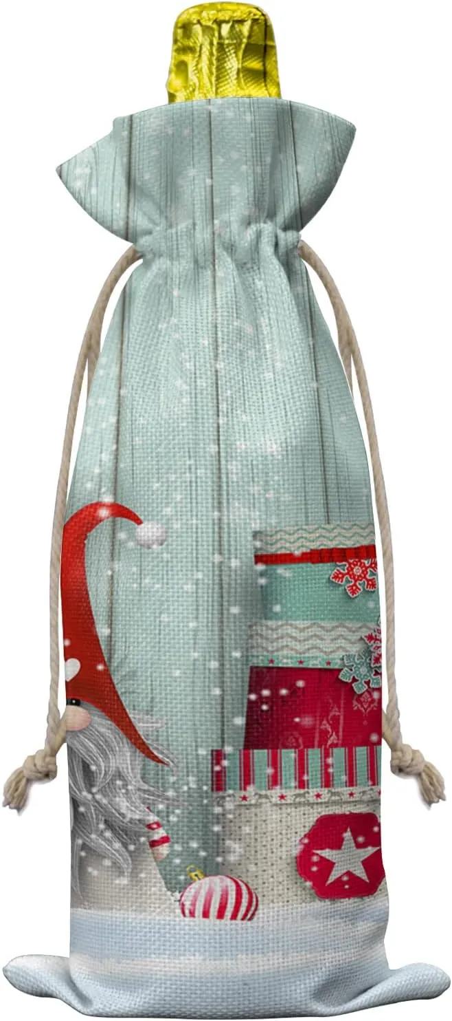 Wine Gift Bag Washable Wine Bags for Wine Bottles Gifts Christmas Winter Xmas Gnome with Holiday Gifts Retro Wooden Planks Wine Travel Bag Burlap Wine Bags with Drawstrings Tabs, 10PCS, 6.3x17.3 Inch